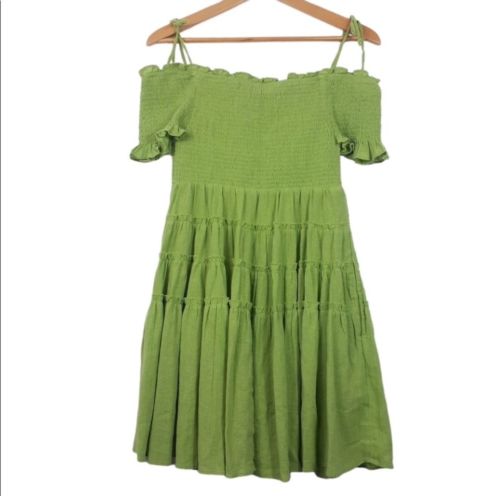 Free People Smocked Chest Off Shoulder Smocked Sleeves Green Mini Dress Small - Picture 5 of 6